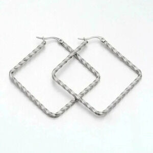 Surgical Stainless Steel Twisted Rhombus 53x53mm Silver Hoop Earrings